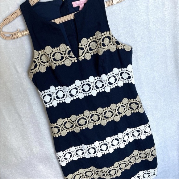 Lilly Pulitzer Augusta Shift Dress Sz 0 Applique Anchors Nautical Navy Gold EUC - Picture 5 of 15